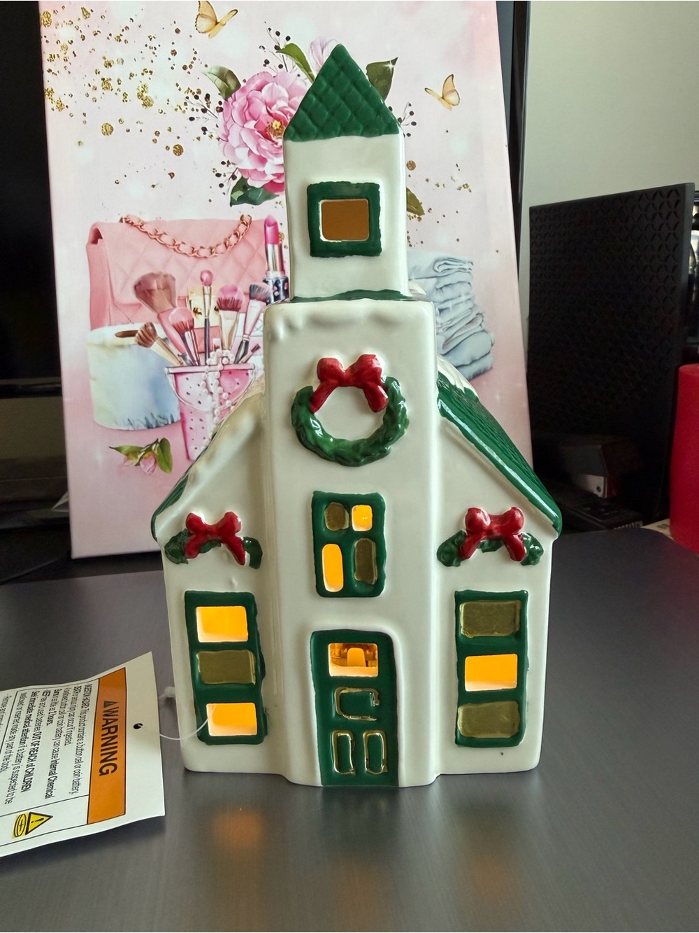 Threshold White Ceramic Holiday Church with Green Roof and Red Wreath Accents